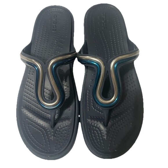 CROCS Sanrah  Women's 8  Gray Navy Blue Silver Metal Block Slide Sandal - Picture 5 of 12